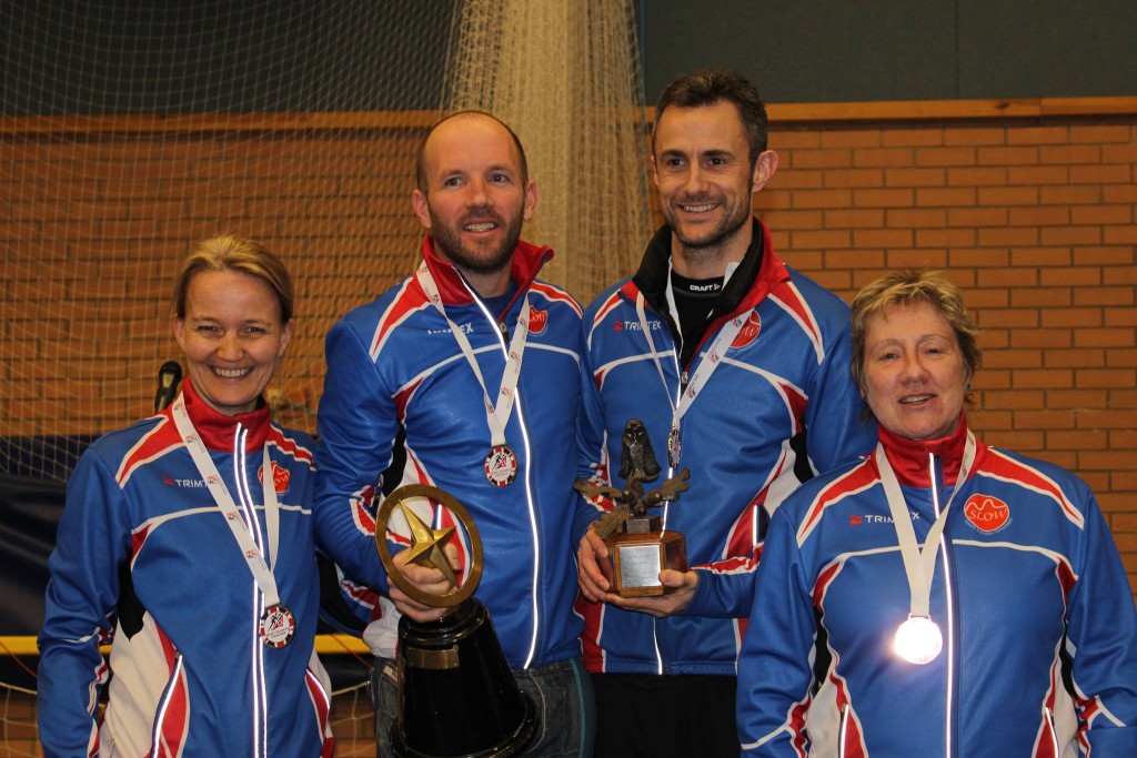 SLOW medal winners Dorte Torpe Hansen, Tom Davies, Paul Couldridge and Christine Robinson at the 2016 British Night Championships. Photo by Nick Barrable.