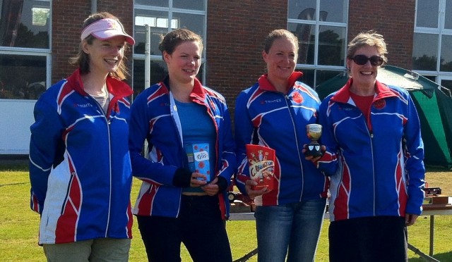 SLOW Women's team, which finished second overall, receiving the Women's Handicap Trophy. From left to right, Sarah-Jane Gaffney, Jo West, Anja Stratford and Chris Robinson. Second runner Di Leakey had gone home to bed!