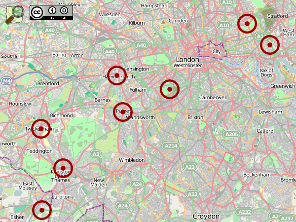 OpenStreetMap (mapnik) map of the area around 51.46234, -0.18265